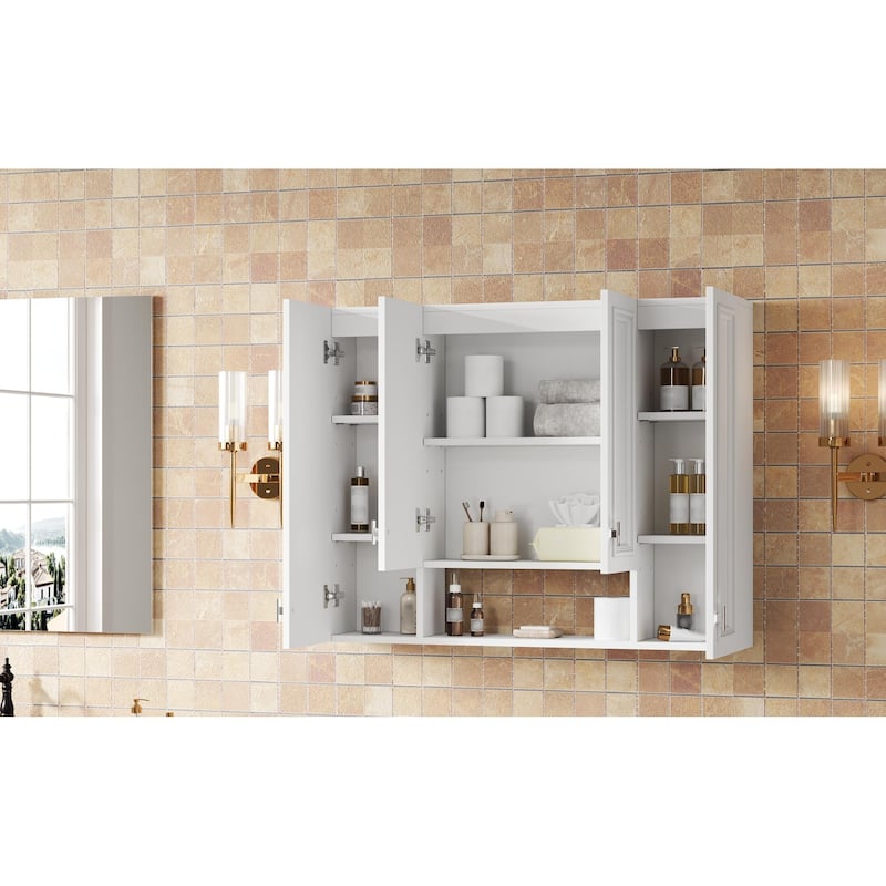 Roomfitters Wall Mounted Medicine Cabinet with 5 Adjustable Shelves, Modern Mirror Storage with Open Shelving, White