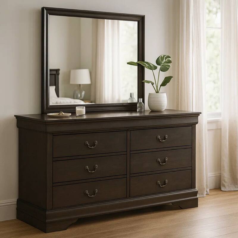 Transitional Wooden Dresser with 6 Drawers and Metal Handles, Gray
