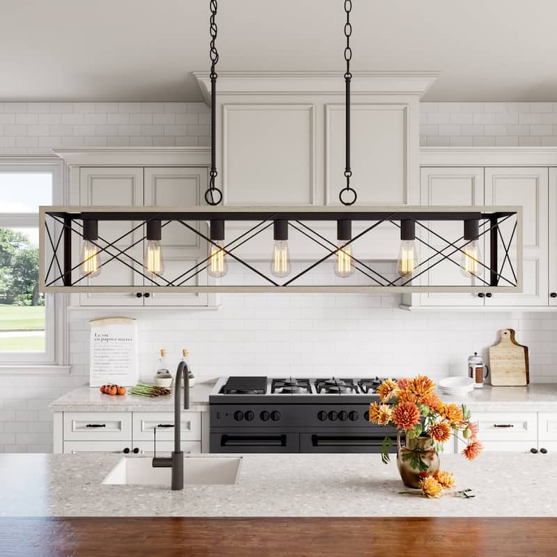 7-Light 48In Linear Modern Farmhouse Kitchen Chandelier - 48'' - Driftwood