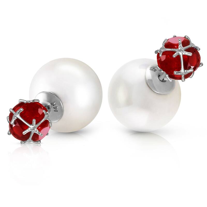 14K Solid Gold Tribal Double Shell Pearls And Rubies Stud Earrings - White
