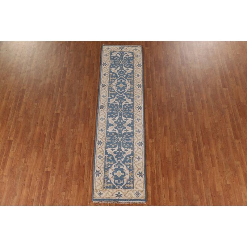 Blue Oushak Indian Runner Rug Handmade Wool Carpet - 2'6"x 9'9"