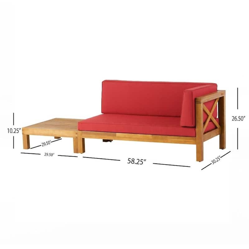 Acacia Wood Outdoor Corner Bench Set with Coffee Table Cross-Back Design Red Cushions