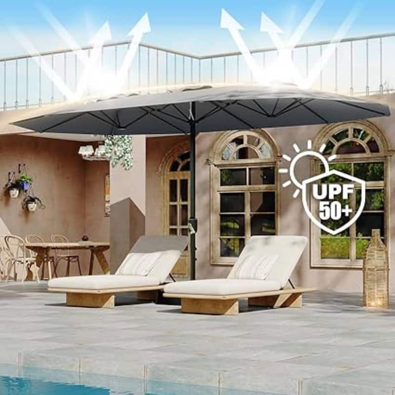 15FT Double-Sided Patio Umbrella with Base Included for Pool Lawn Garden - Grey