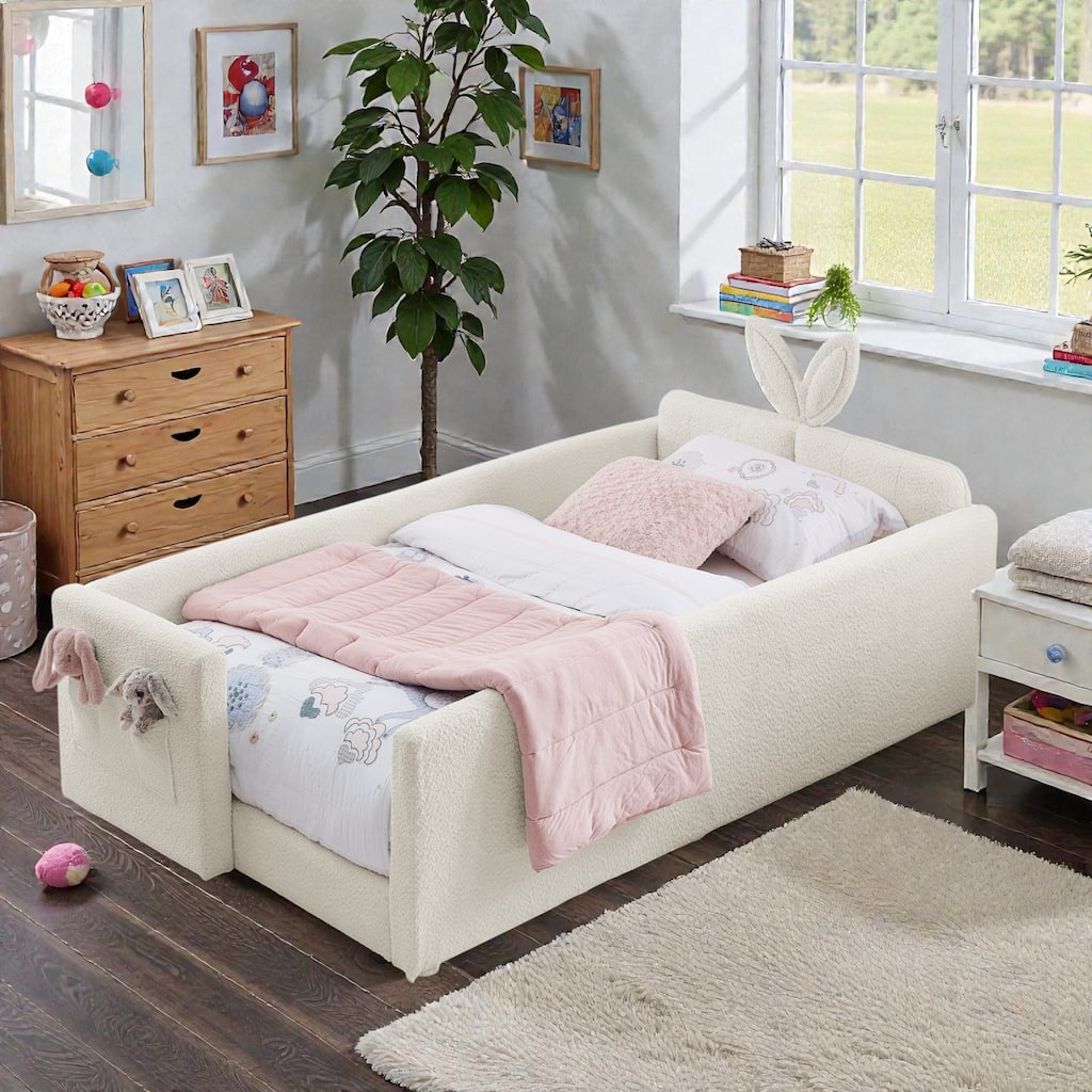 Twin Size Upholstered Platform Bed with Rabbit Ear Headboard, Kids Boucle Fabric Bed Frame with Safety Rail and Pocket