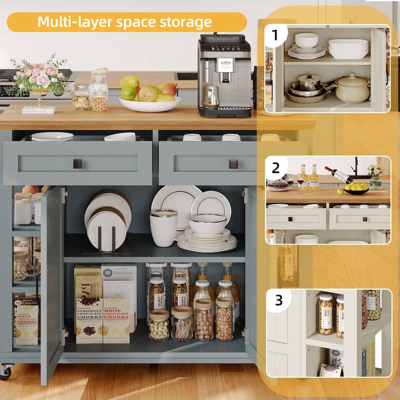 Rolling Kitchen Island Kitchen Cart Storage Cabinet with Open Shelves