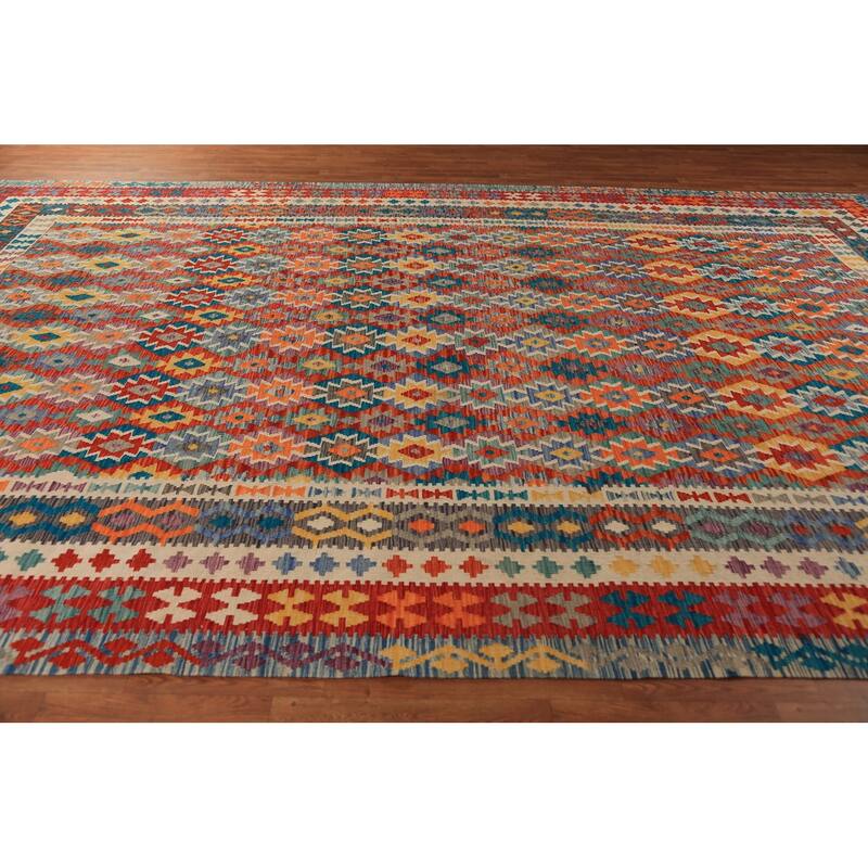 All-Over Geometric Kilim Oriental Large Rug Flatweave Wool Carpet - 10'0"x 15'9"
