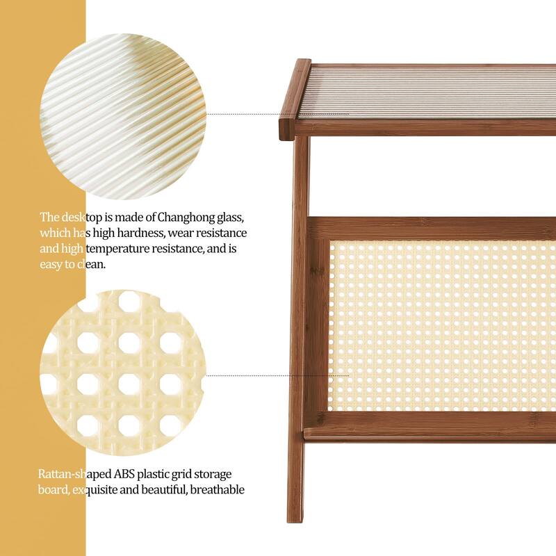 Bamboo Glass Top End Table, Accent Side Table w/ Storage Rack