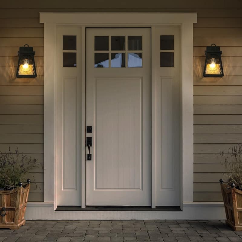 Modern Farmhouse 1-Light Black Outdoor Wall Sconce Water Ripple Glass Patio Lights - W 6.7" x H 11" x D 7.1"