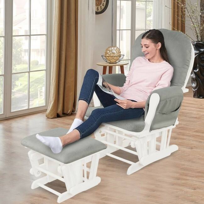 Solid Wood Gliding Chair Set with Pockets and Ottoman for Relaxing