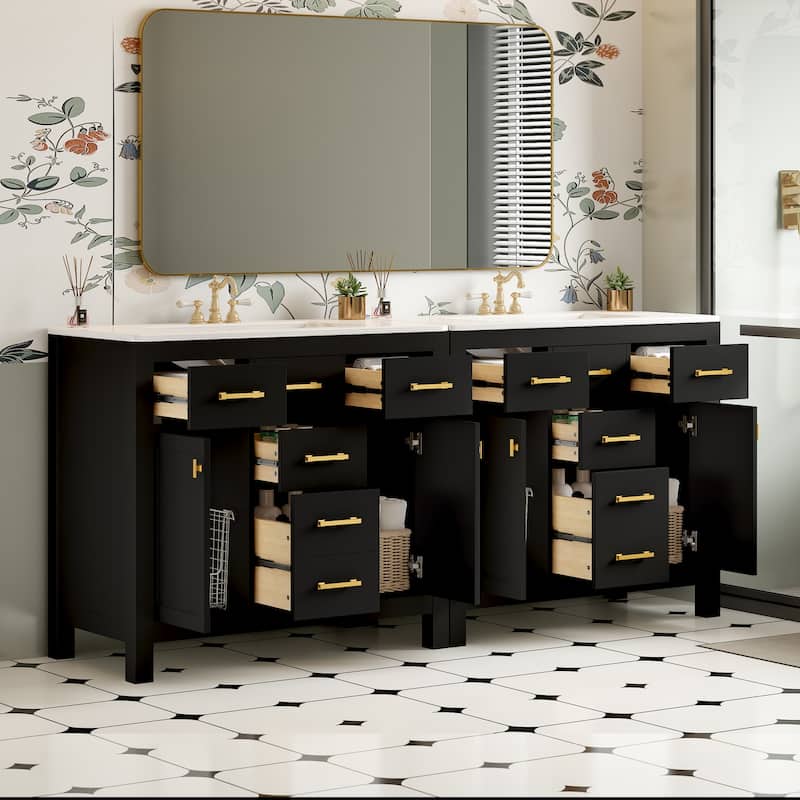 72"Bathroom Vanity with Ceramic Sink Combo Set, Modern Freestanding Single Bathroom Cabinet with 4 Drawers & 2 Cabinets