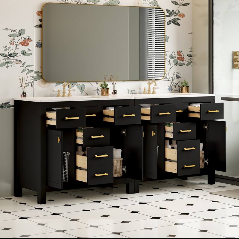 72''Vanity With Ceramic Sink Combo Set, Modern Freestanding Single Cabinet With 4 Drawers & 2 Cabinets,Storage Cabinet