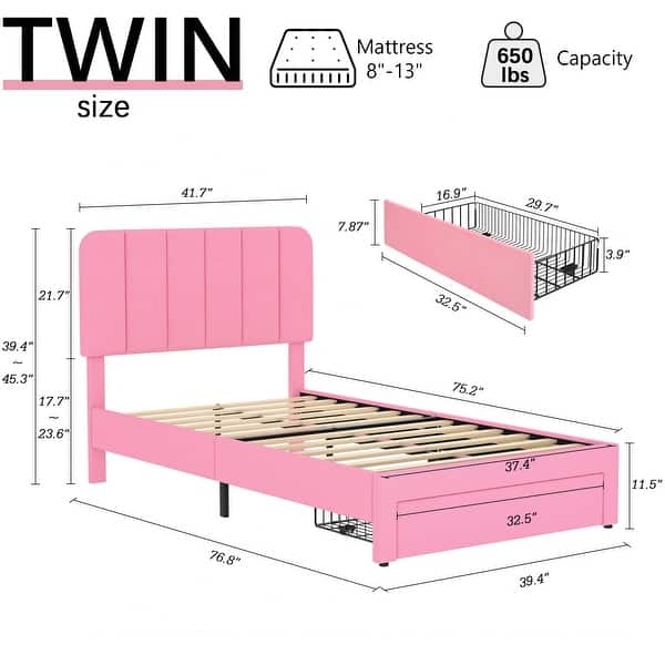 dimension image slide 3 of 4, VECELO Kids Bed Frame, Plantform Beds with Storage Drawer, Height Adjustable Upholstered Bed, Twin Size Bed Set of 2