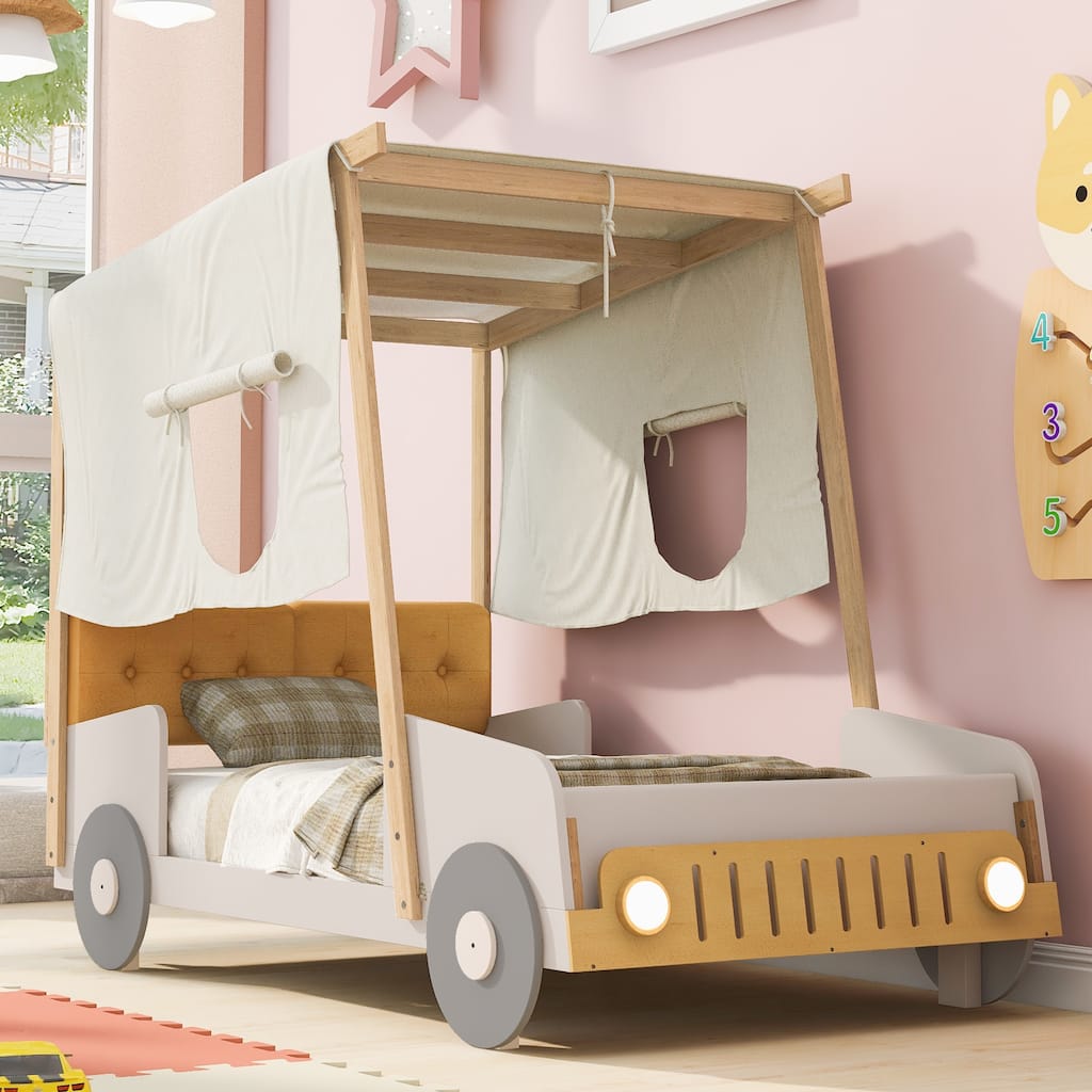 Roomfitters Size Car Canopy Bed, Wood Frame Platform with Upholstered Headboard, Tent Roof Design