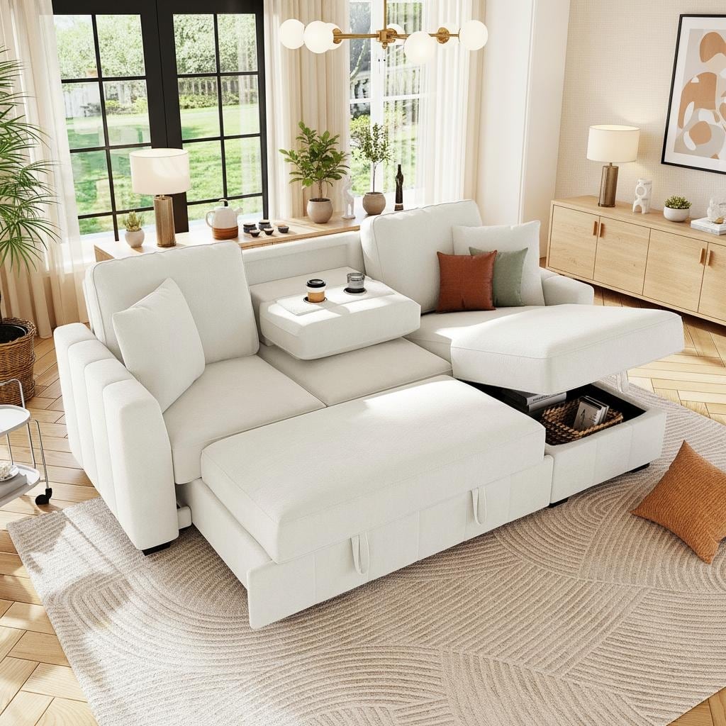Convertible Sectional Sleeper Sofa with Reversible Storage Chaise & Dual Cup Holders by Harper&Bright Designs