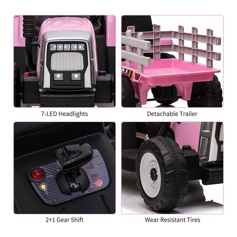 12V Kids Electric Tractor w/Remote Control Treaded Tires,Battery Powered Ride On Tractor with Trailer & 2+1-Gear-Shift