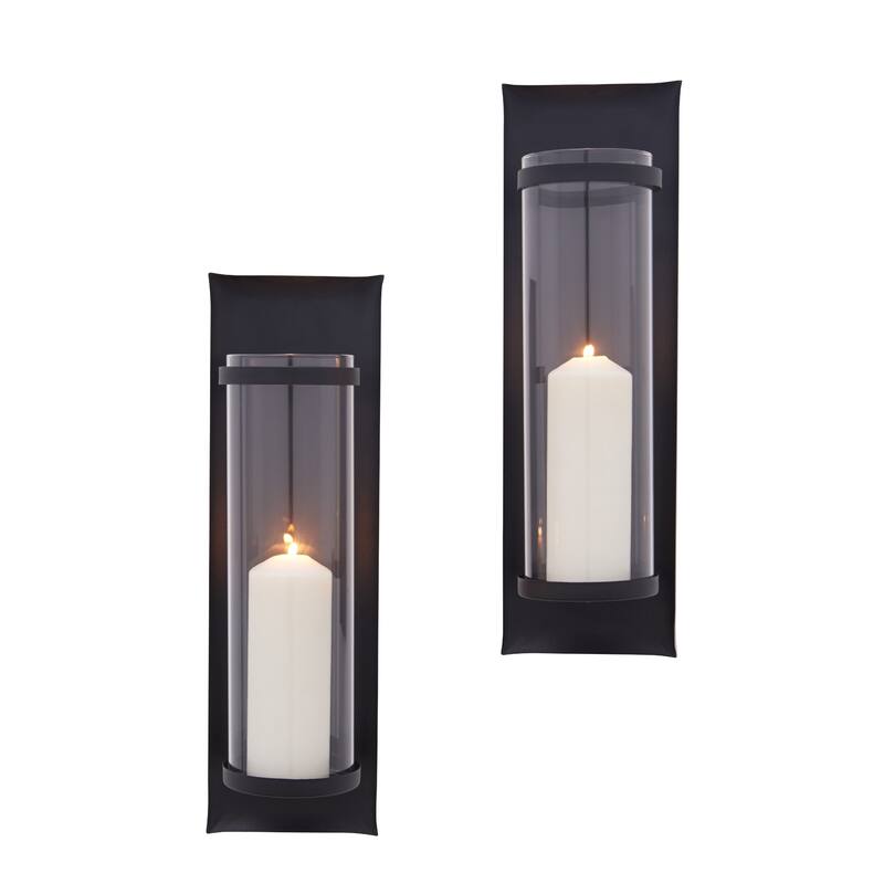 Rectangular Wall Sconce Candle Holders with Glass Insert - 16" - Black - Set of 2