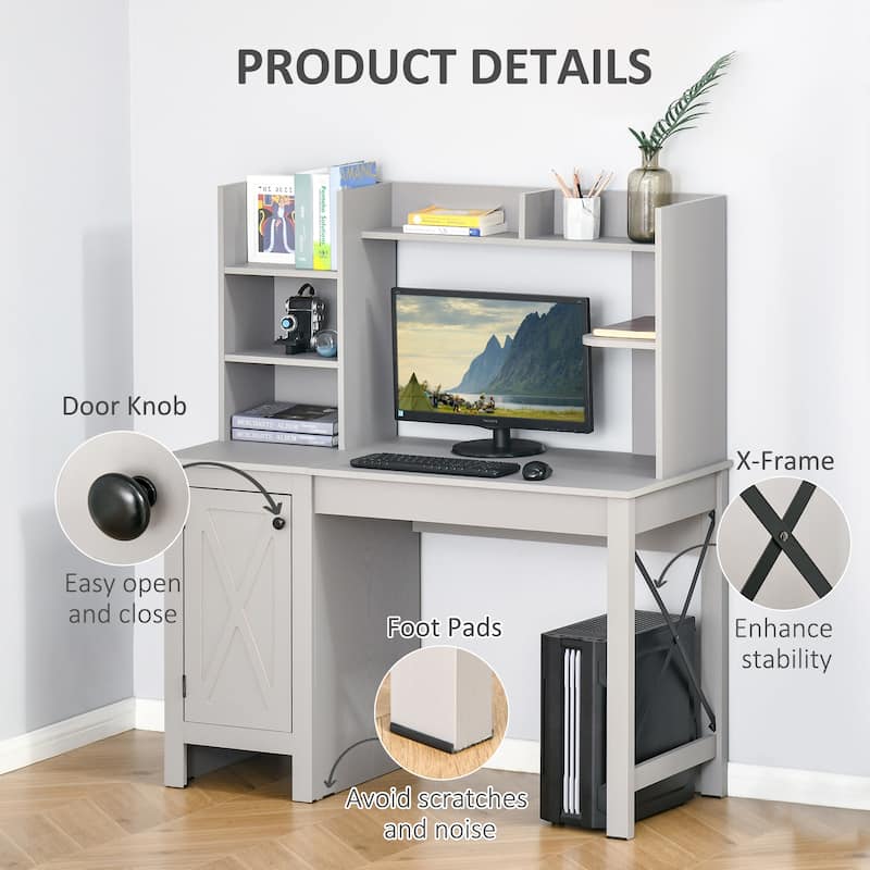 2-in-1 X-brace Barn-style Door Executive Desk with Hutch and Cabinet Home Office Desk with Shelves & Foot Pads - LIGHT GREY