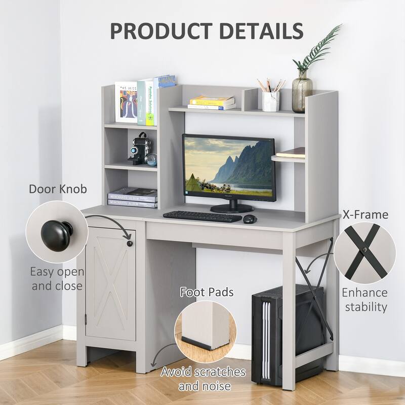 Farmhouse Computer Desk with Hutch and Cabinet, Home office Desk with Storage, for Study, Light Grey