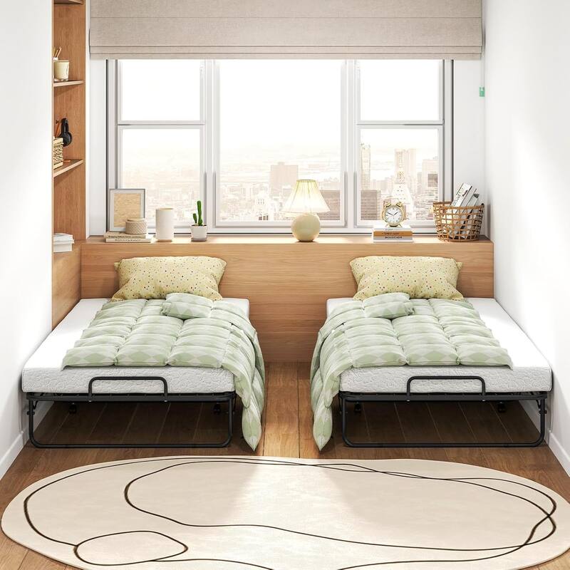 Twin Folding Bed w/Wheels 75" x 38" Rollaway Bed w/ Metal Frame