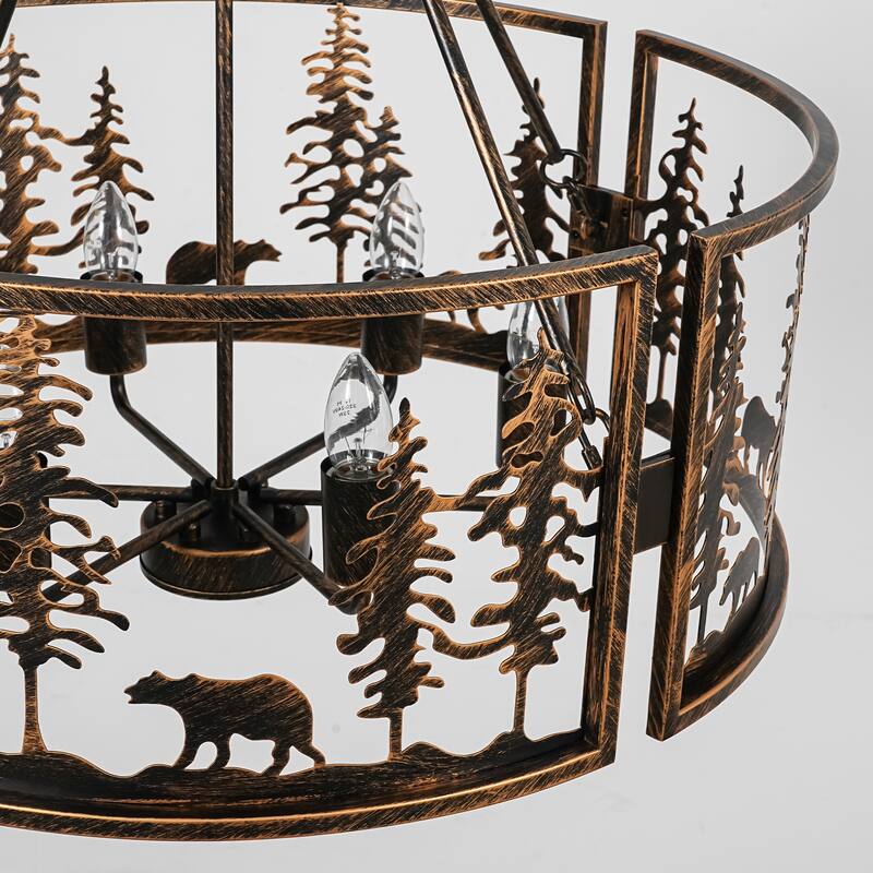 6-Light Black & Gold Iron Chandelier with Adjustable Chain for Rustic Lodge Spaces - 26 in. W x 26.4 in. H