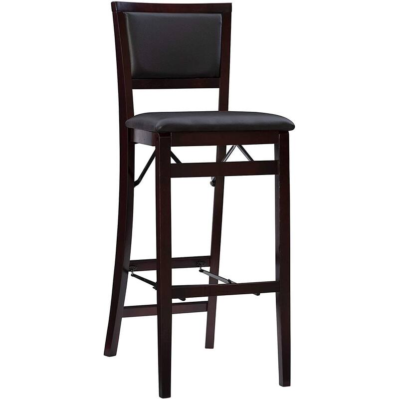 Folding Bar Stool with Padded Seat, Asian Inspired Design, Espresso Finish and Space Saving Easy Storage Seating