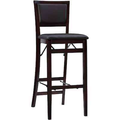 Folding Bar Stool with Padded Seat, Asian Inspired Design, Espresso Finish and Space Saving Easy Storage Seating