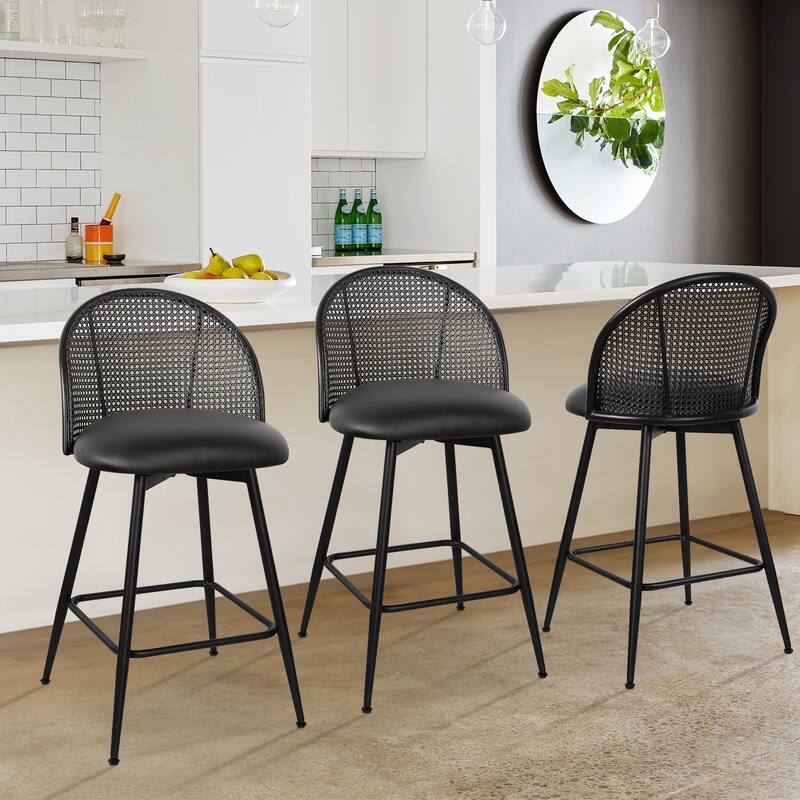26"/29" Swivel Barstools Counter Height Bar Stool w/ Metal Legs - Set of 3 - Leather-Black - Counter Height