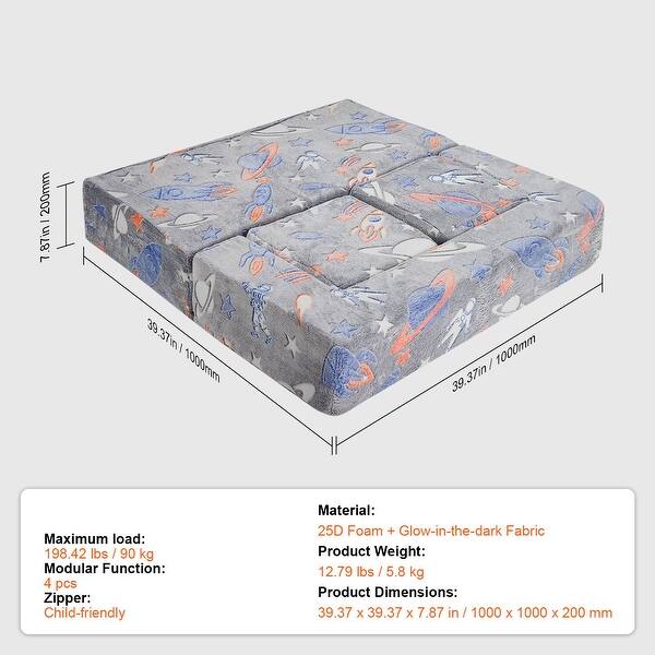 Pure Grey Velvet Modular Kids Sofa Bed with Glow Fabric and Safe Zippers - 39.37” L x 39.37” W x 7.87” H