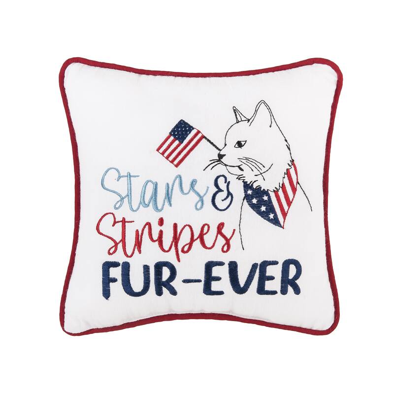 10" x 10" Patriotic Stars & Stripes Fur-Ever Cat Small/Petite Embroidered Accent Pillow