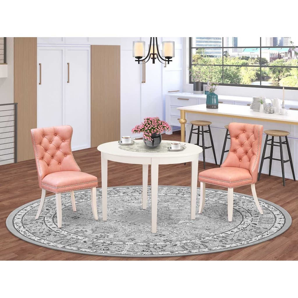 3-Piece Linen White Finish Round Solid Wood Top Dining Table Set