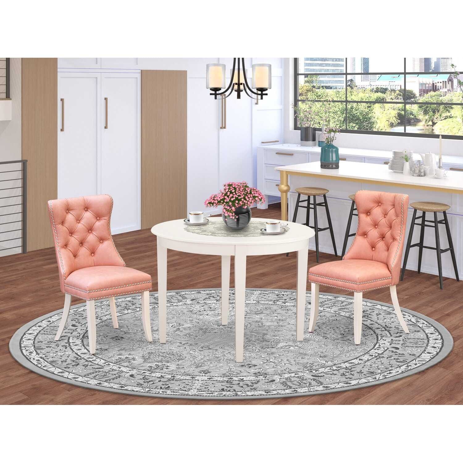 3-Piece Linen White Finish Round Solid Wood Top Dining Table Set