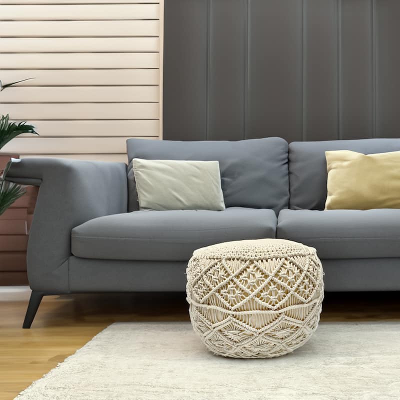 18" Solid Cream Macrame Round Handmade Natural Cotton Pouf Ottoman