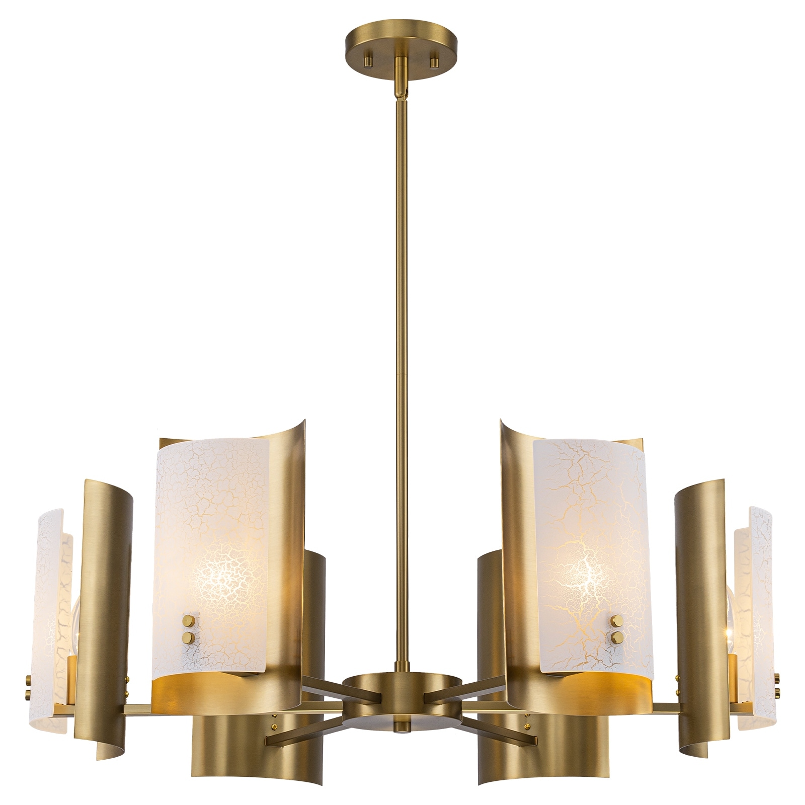 6-Light Modern Brushed Gold Chandelier White Crackle Glass Shades - Dia.29.53-in