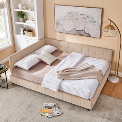 Queen Size Velvet Platform Bed Frame Upholstered Tufted Bed with Comfortable Backrest and Armrests for Bedroom