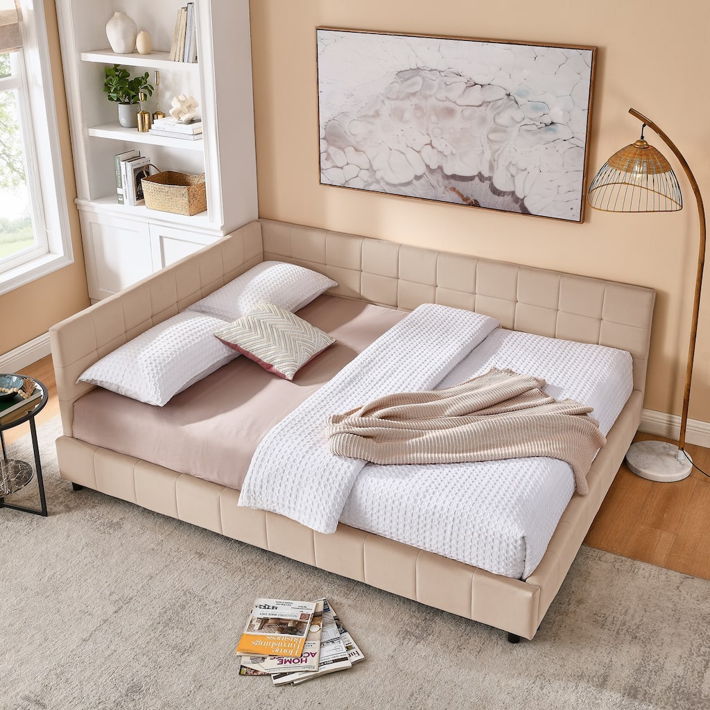 Queen Size Velvet Platform Bed Frame Upholstered Tufted Bed with Comfortable Backrest and Armrests for Bedroom