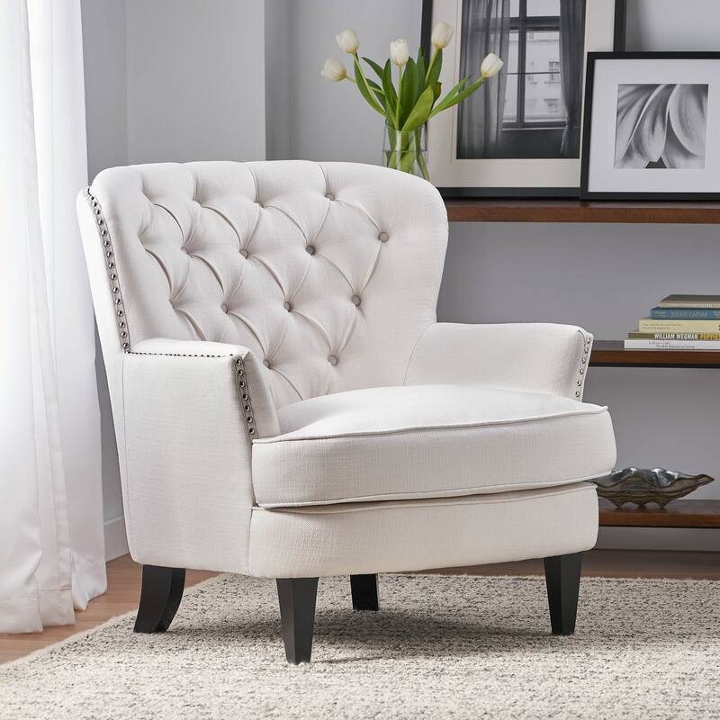 Mid-Century Accent Chair, Upholstered Armchair with Nailhead Trim and Solid Wood Legs, Tufted Lounge Reading Chair Single Sofa