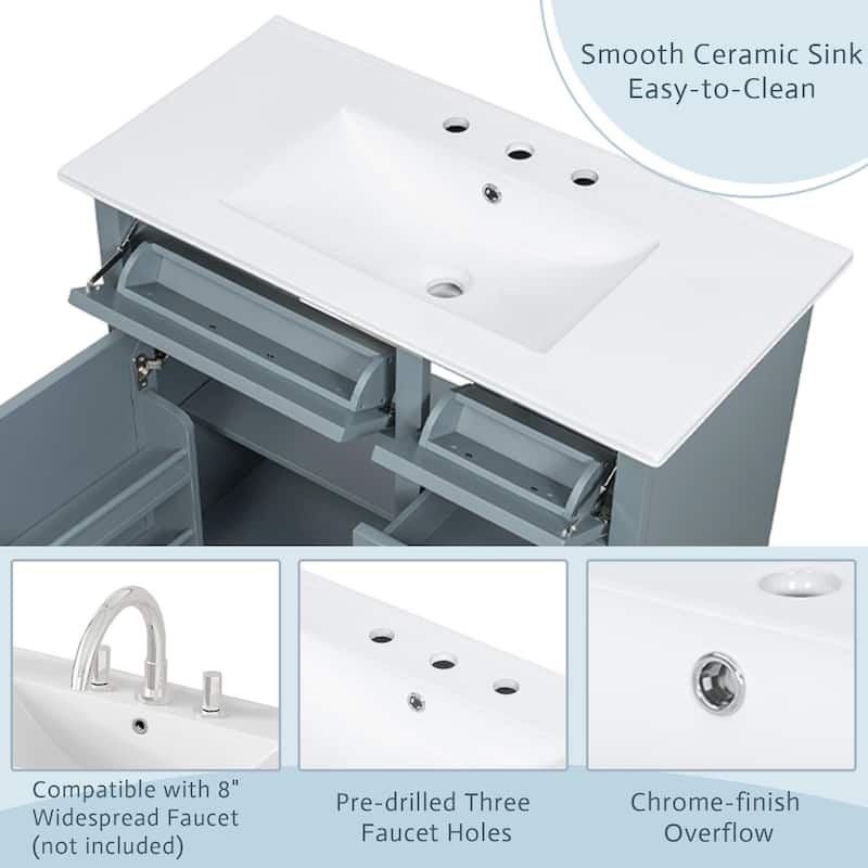 36" Bath Vanity with Ceramic Sink - 2 Tip-Out Drawers & Soft-Close Hinges