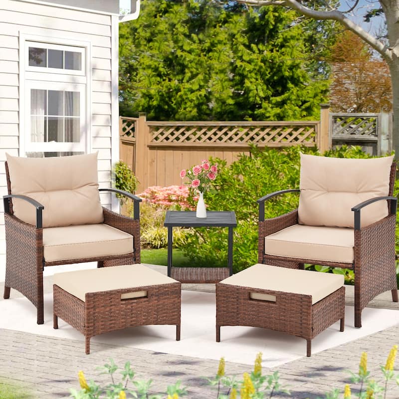 AVAWING 5-Piece Patio Furniture Set Wicker Conversation Set with Coffee Table and Ottoman - Beige