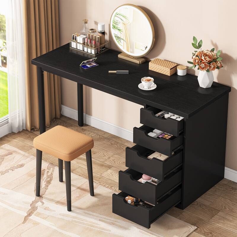 Modern Vanity Desk with 5 Reversible Drawers, Multiple Storage Makeup Desk, Christmas Gift for Home Use - Black