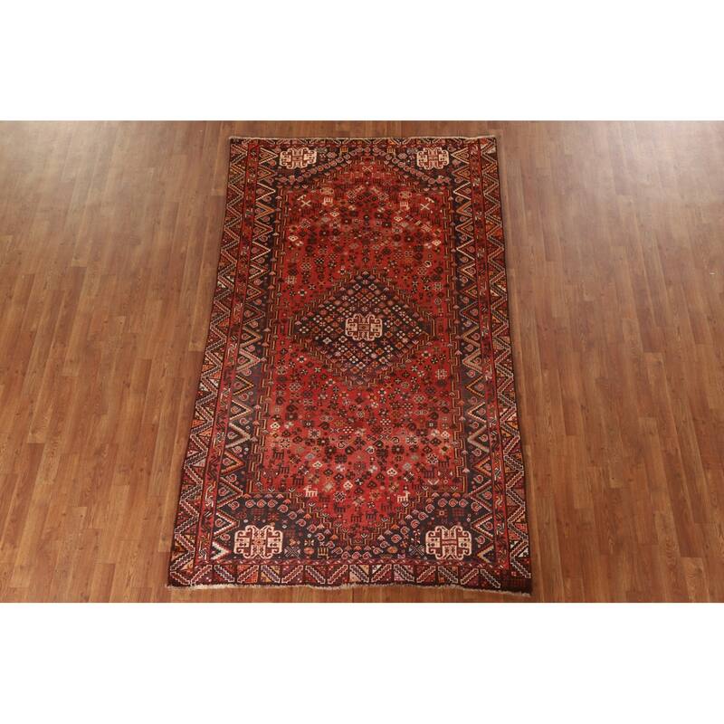 Geometric Red Shiraz Persian Vintage Area Rug Hand-knotted Wool Carpet - 5'0"x 8'5"