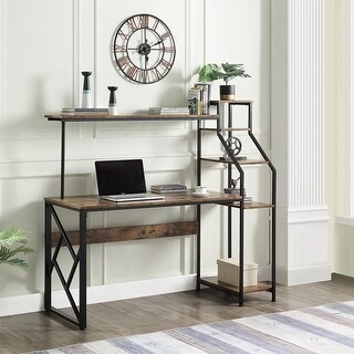 Home Office Computer Desk Study Table with 5 Tier Bookshelves ...