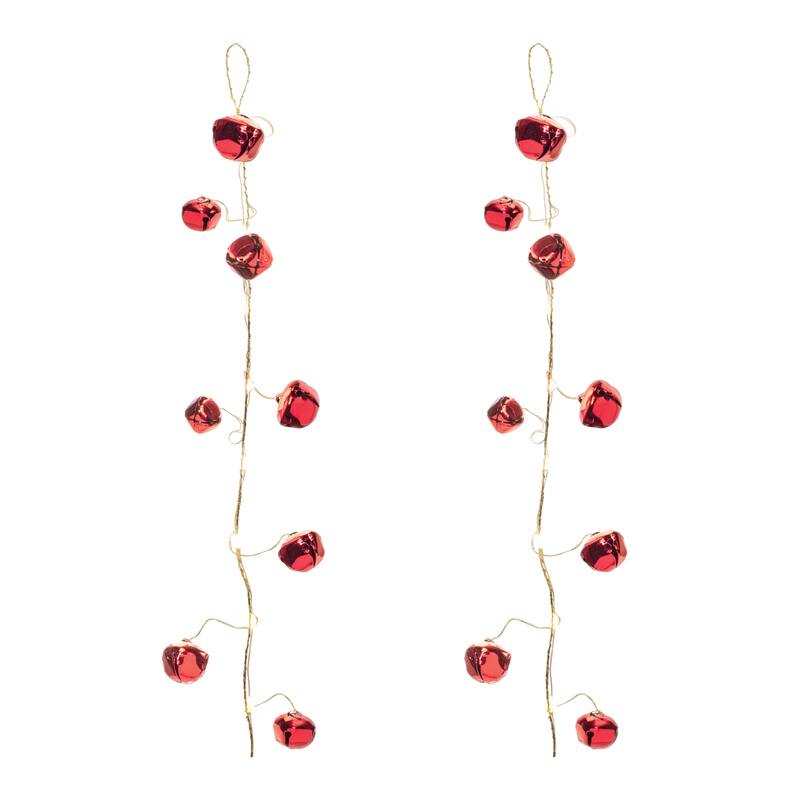 58-Inch Lighted Sleigh Bell Garland Red & Gold Iron with Warm White LED Lights - Set of 2 - 58” (L) x 3” (W) x 1.5” (H)
