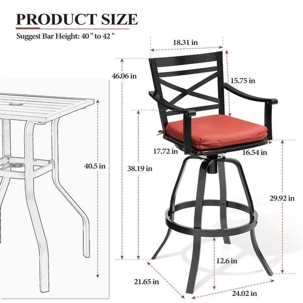 dimension image slide 6 of 15, Outdoor Cast Aluminum Sunbrella Swivel Bar Stools Patio Bar Height Barstools with Back