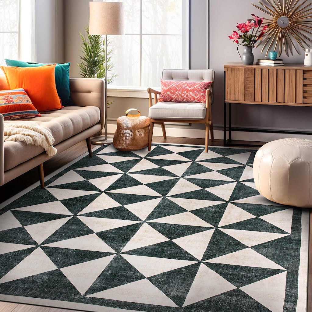 World Rug Gallery Geometric Diamond Washable Non-Slip Area Rug Perfect for Neutral Spaces in Living Room, Entryway, or Bedroom