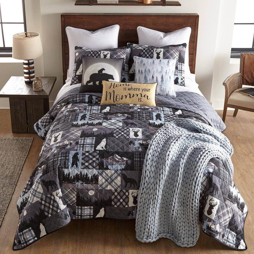 BEAUTIFUL XXXL LARGE RED BROWN GREY TAUPE CABIN LODGE FLOOR QUILT BEDSPREAD SET 