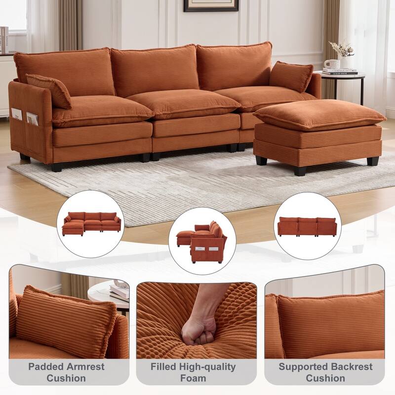 102.95" L-Shaped Corduroy Sectional Sofa with Movable Ottoman