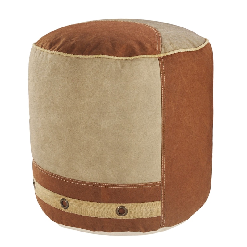 16" Beige and Brown Rustic Industrial Handmade Round Pouf Ottoman