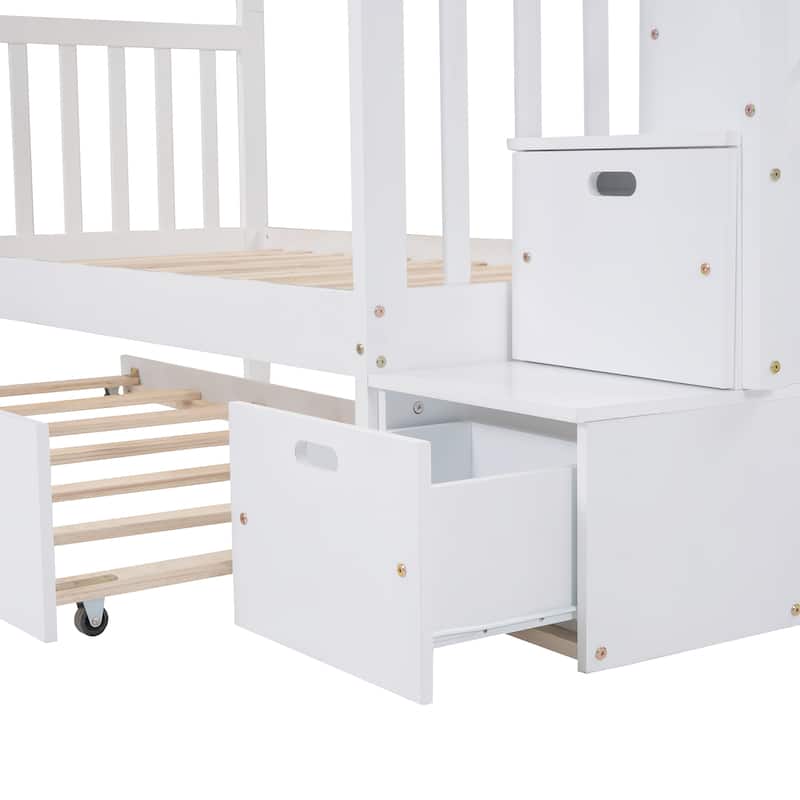 Twin Over Twin/Full Bunk Bed with Trundle and Storage Drawers, Solid Pine Wood, Staircase Access