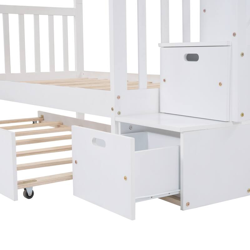 Twin over Full Pine Bunk Bed with Trundle and Storage Stairs