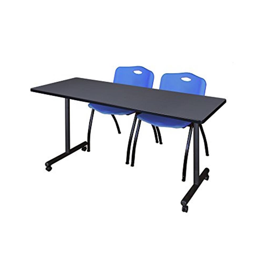 66" x 24" Mobile Training Table- Grey & 2 'M' Stack Chairs- Blue